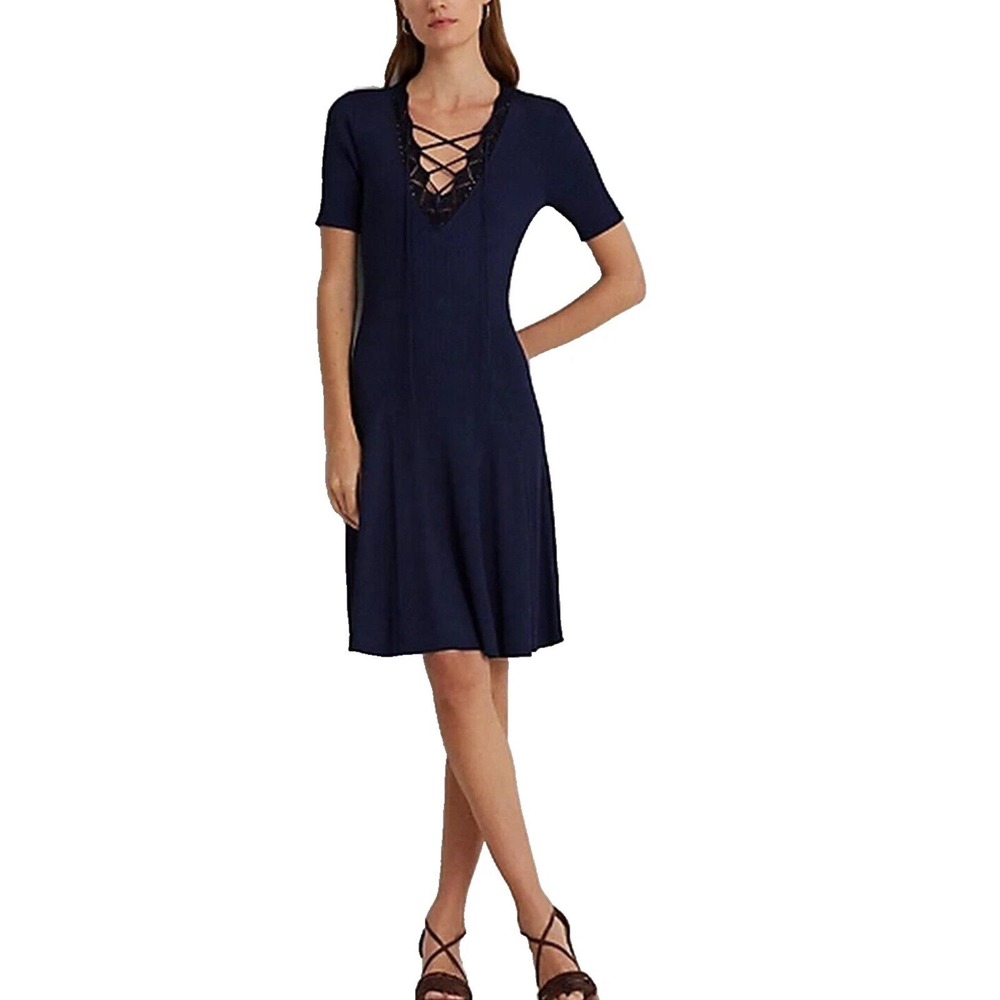 Lauren Ralph Lauren Women's‎ Lace-Trim Rib-Knit Dress Refined Navy Size L $225 - Picture 4 of 12